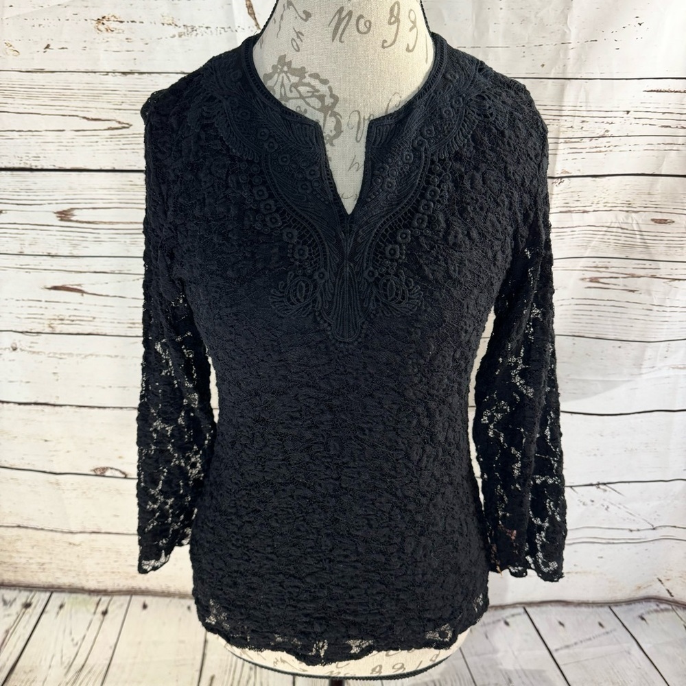 Coldwater Creek Lace V-Neck Long Sleeve Top Black Small (6-8)